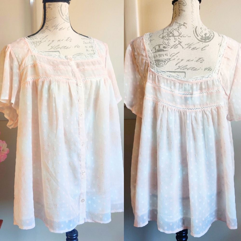 Torrid Peach Cottagecore Swiss Dot Square Neck Flutter Sleeve Blouse Top 2 2X